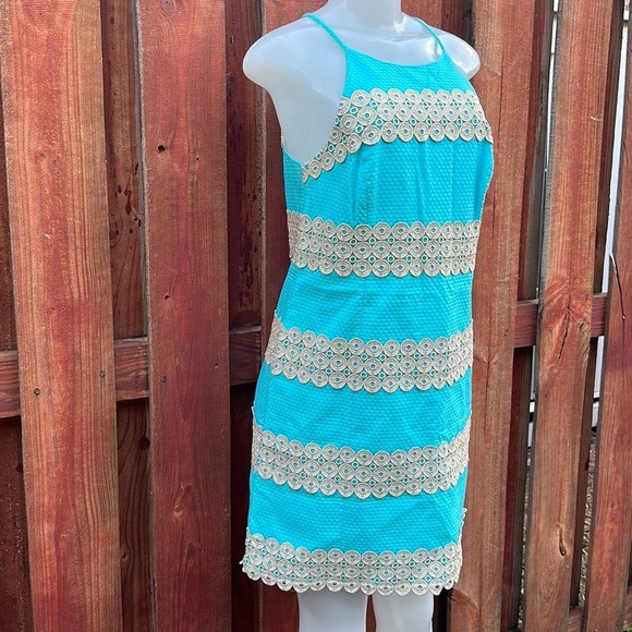 Lilly Pulitzer Annabelle Shift Shorely Blue Gold Lace Dress Size 4 - Picture 5 of 14